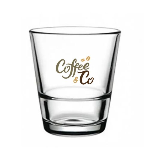 Infografiek met maatvoering van het stapelbare waterglas Grande S 31 cl, inclusief hoogte en diameter.