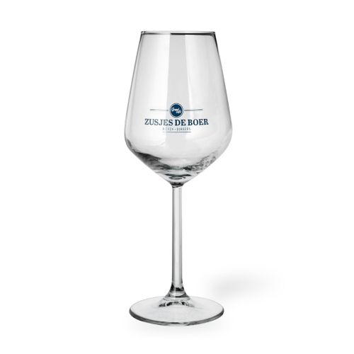 Allegra wijnglas 35 cl. met blauw logo van Zusjesdeboer op de voorzijde gedrukt.
