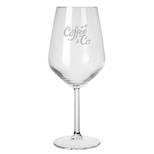 Heldere voorzijde van het Allegra wijnglas met gegraveerd CoffeeCo-logo centraal op het glasoppervlak.