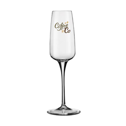 Voorzijde van glazen Aurum champagneflute 23 cl met kleurrijk CoffeeCo-logo in meerdere kleuren bedrukt.