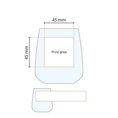 Technische werktekening met weergave van drukgebied op Aurum Tumbler 37 cl. waterglas.