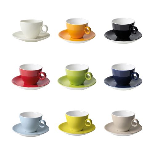 Beeld toont Bart cappuccino 23 cl SET in verschillende kleuren, opgesteld naast en onder elkaar op effen ondergrond.