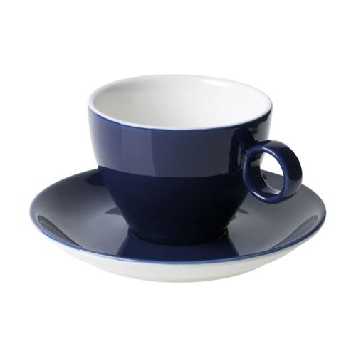 Vooraanzicht van Bart cappuccino 23 cl. SET van blauw-wit porselein, met ronde vorm en stevig oor.