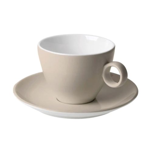 Vooraanzicht van Bart cappuccino 23 cl. SET van bruin-wit porselein, met ronde vorm en stevig oor.