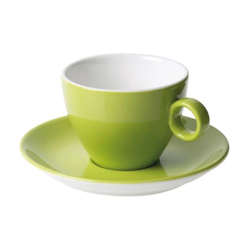 Vooraanzicht van Bart cappuccino 23 cl. SET van groen-wit porselein, met ronde vorm en stevig oor.