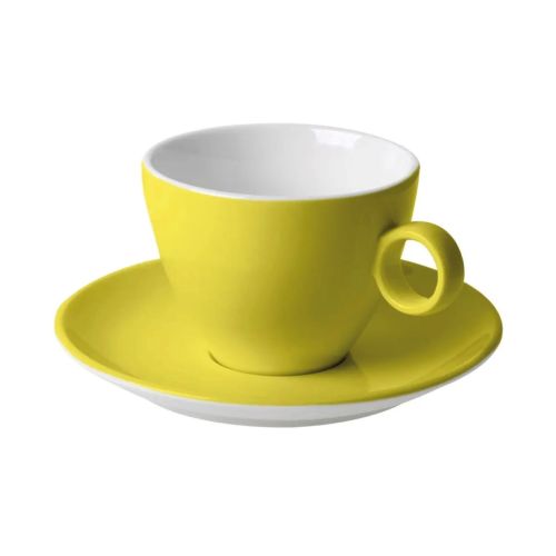 Vooraanzicht van Bart cappuccino 23 cl. SET van lichtgroen-wit porselein, met ronde vorm en stevig oor.