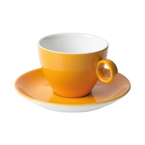 Vooraanzicht van Bart cappuccino 23 cl. SET van oranje-wit porselein, met ronde vorm en stevig oor.