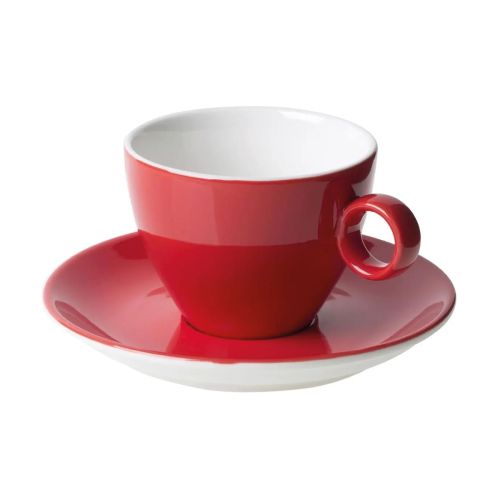 Vooraanzicht van Bart cappuccino 23 cl. SET van rood-wit porselein, met ronde vorm en stevig oor.