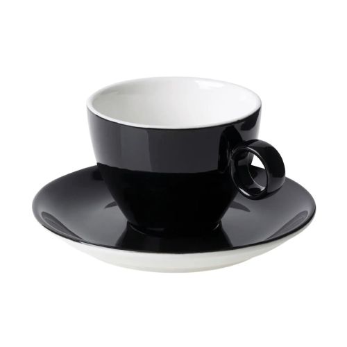 Vooraanzicht van Bart cappuccino 23 cl. SET van zwart-wit porselein, met ronde vorm en stevig oor.