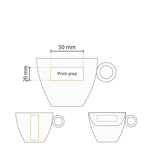 Drukgebied en logopositie op Bart Cappuccino kop 23 cl. porselein visueel weergegeven.