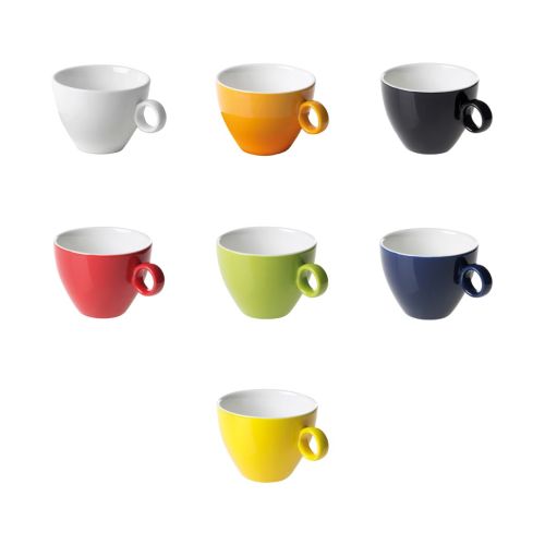 Overzicht van kleurvariaties van Bart Cappuccino kop 23 cl. porselein naast elkaar in rasteropstelling.