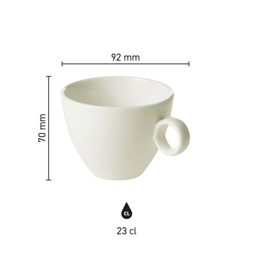 Infographic toont hoogte en diameter van Bart Cappuccino kop 23 cl. porselein in maatoverzicht.