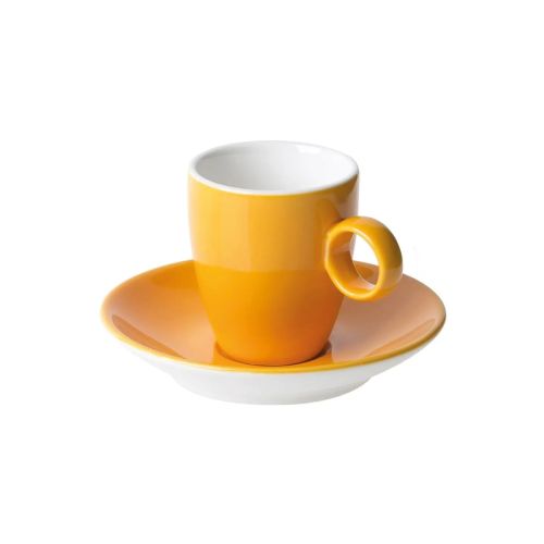 Frontaal beeld van oranje-wit Bart Espresso porseleinset 6,5 cl. met gladde afwerking.