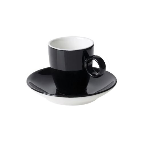 Frontaal beeld van zwart-wit Bart Espresso porseleinset 6,5 cl. met gladde afwerking.
