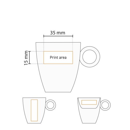 Drukgebied en positie voor logo op Bart Espresso kop 6,5 cl zichtbaar in werktekening.