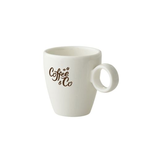 Espresso kop 6,5 cl porselein met bruin CoffeeCo-logo op het gladde witte oppervlak.