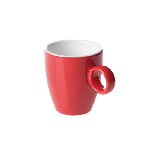 Bart Espresso kop 6,5 cl in rood-wit porselein met compacte vorm en licht gebogen oor.