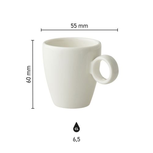 Duidelijke maatvoering van Bart Espresso kop 6,5 cl porselein weergegeven in infographic.