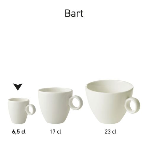 Reeks van Bart Espresso koppen wit porselein naast elkaar als productserie.