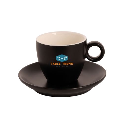 Vooraanzicht van mat porseleinen koffiekopjes 17 cl met TableTrend-logo in meerdere kleuren.