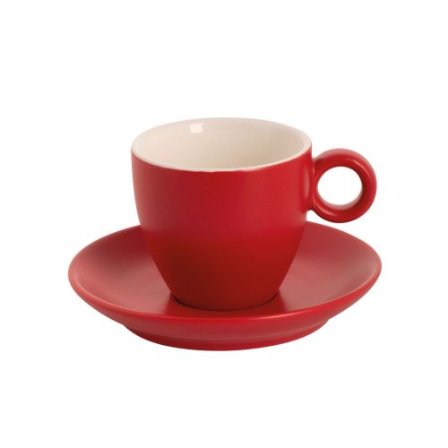 Vooraanzicht van Bart Koffie 17 cl set in mat rood porselein, bestaande uit kopje en schotel.