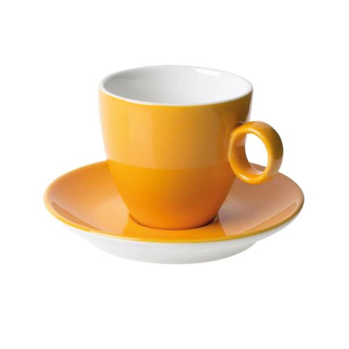 Vooraanzicht van Bart Koffie 17 cl set in oranje-wit porselein met eenvoudige cilindervorm.