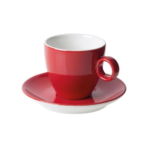 Vooraanzicht van Bart Koffie 17 cl set in rood-wit porselein met eenvoudige cilindervorm.