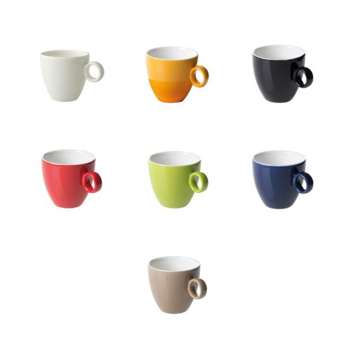 Kleurvariaties van Bart Koffie kop 17 cl porselein naast elkaar gepresenteerd als overzicht.