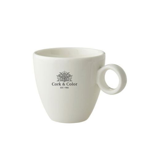 Porseleinen koffie kop 17 cl met éénkleurige bedrukking van het CorkColor-logo op de voorkant.