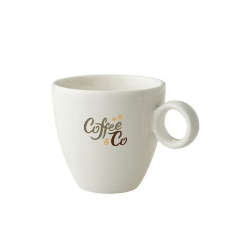 Vooraanzicht van Bart Koffie kop 17 cl bedrukt met kleurrijk CoffeeCo-logo op het gladde porselein.