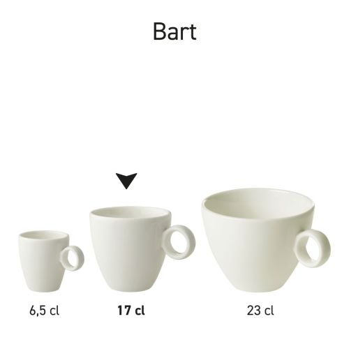 Meerdere Bart Koffie koppen wit porselein gepresenteerd als uniforme productlijn.