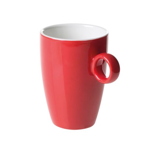 Rood-Witte Bart mok van 23 cl. van porselein in vooraanzicht, met glad oppervlak en rechte oorvorm.