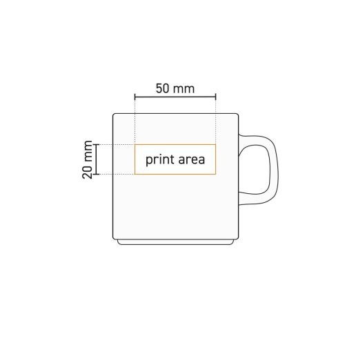 Werktekening van de Budgetline Brabant beker 20 cl. in wit porselein met aanduiding van het drukgebied op voorzijde.