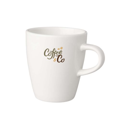 Beker Budgetline Neo 20 cl. van porselein met meerkleurig bedrukt CoffeeCo-logo aan de voorzijde.