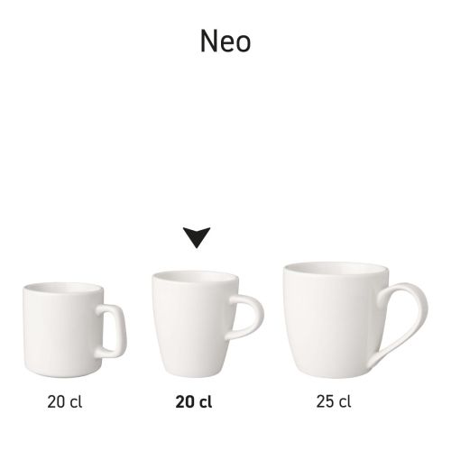 Set witte porseleinen bekers Neo in serie gepresenteerd voor productoverzicht.