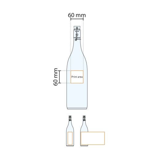 Technische werktekening toont bedrukkingsgebied op ronde glazen beugelfles Giara 1 liter.