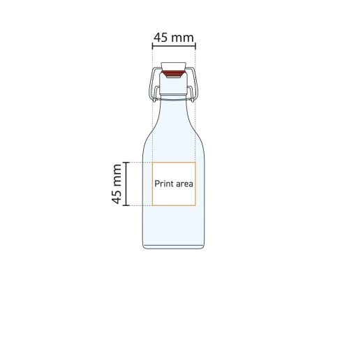 echnische werktekening van beugelfles vierkant 0,25 liter glas met aangegeven drukvlak.