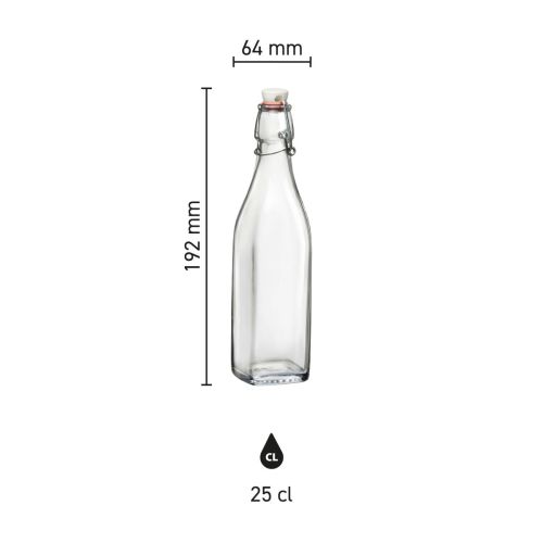 Infographic met hoogte- en breedtematen van vierkante Swing-beugelfles van 0,25 liter glas.