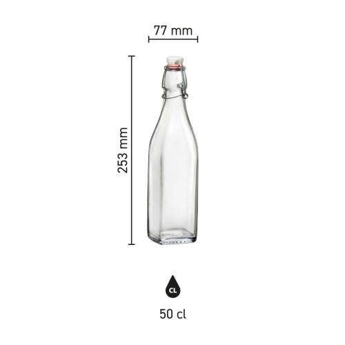 Visualisatie van de maten van de beugelfles Swing 0,5 liter van glas in een overzichtelijke infographic.