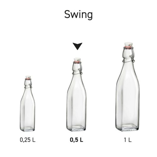 Reeks glazen Swing-flessen van 0,5 liter in serieopstelling, met identieke vorm en beugelsluiting.