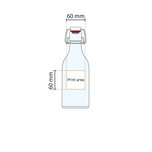 Technische werktekening met aanduiding drukgebied op beugelfles Swing vierkant 1 liter glas.