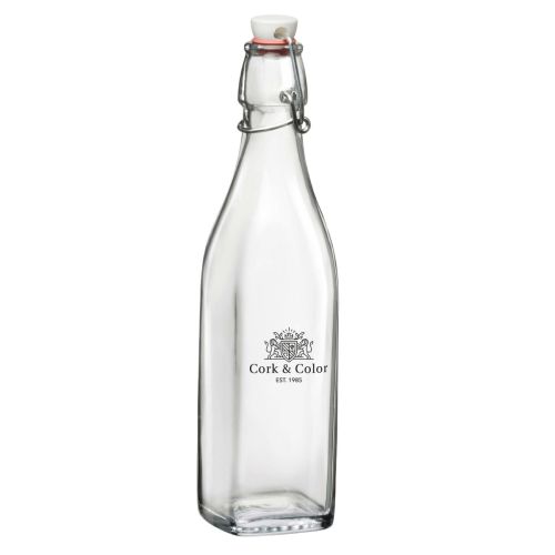 Vierkante beugelfles Swing 1 liter van porselein met éénkleurig CorkColor-logo op de voorzijde.