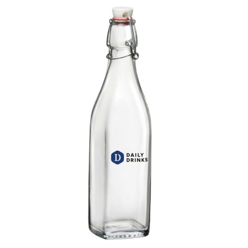Beugelfles Swing 1 liter, vierkant model, met meerkleurig DailyDrinks-logo aan de voorkant.