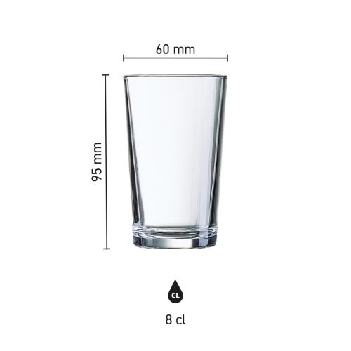 Infographic met maatvoering van bier proefglaasje Conique 20 cl. glas inclusief hoogte en diameter.