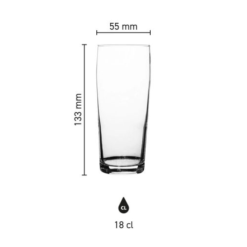Infographic met de afmetingen van een bierflute van 18 cl. inclusief hoogte en diameter.