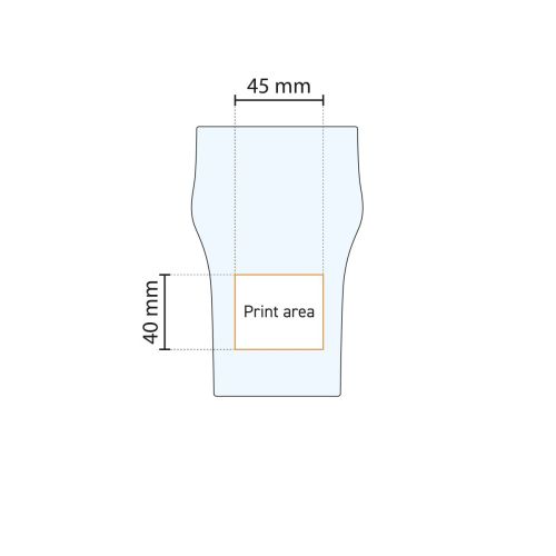 Aanduiding van het beschikbare drukoppervlak op het 28 cl. Nonic glas in een technische werktekening.