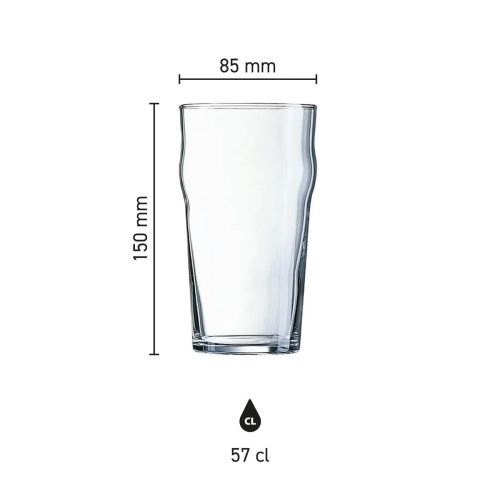 Infographic met de hoogte en diameter van het 57 cl Arcoroc Nonic glas in productoverzicht.