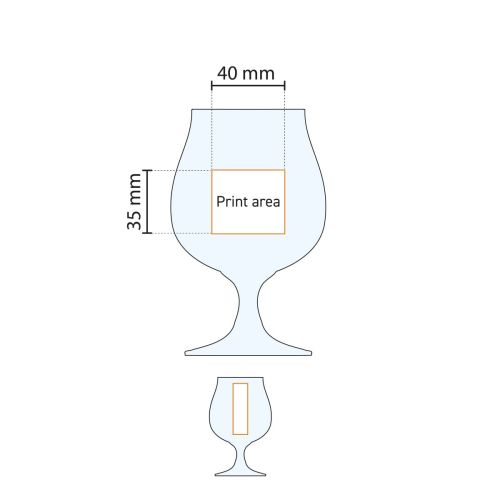 Werktekening van Bierglas Breughel 38 cl., toont bedrukkingszone op het glasoppervlak.