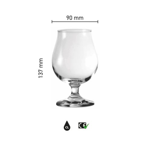 Infographic met maatvoering van Breughel bierglas 38 cl., met hoogte- en diameteraanduidingen in millimeters.