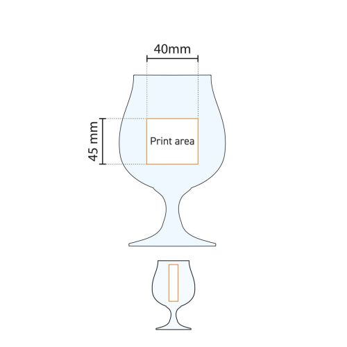 Technische werktekening van Breughel 48 cl. glas, met aanduiding van bedrukbare zones.